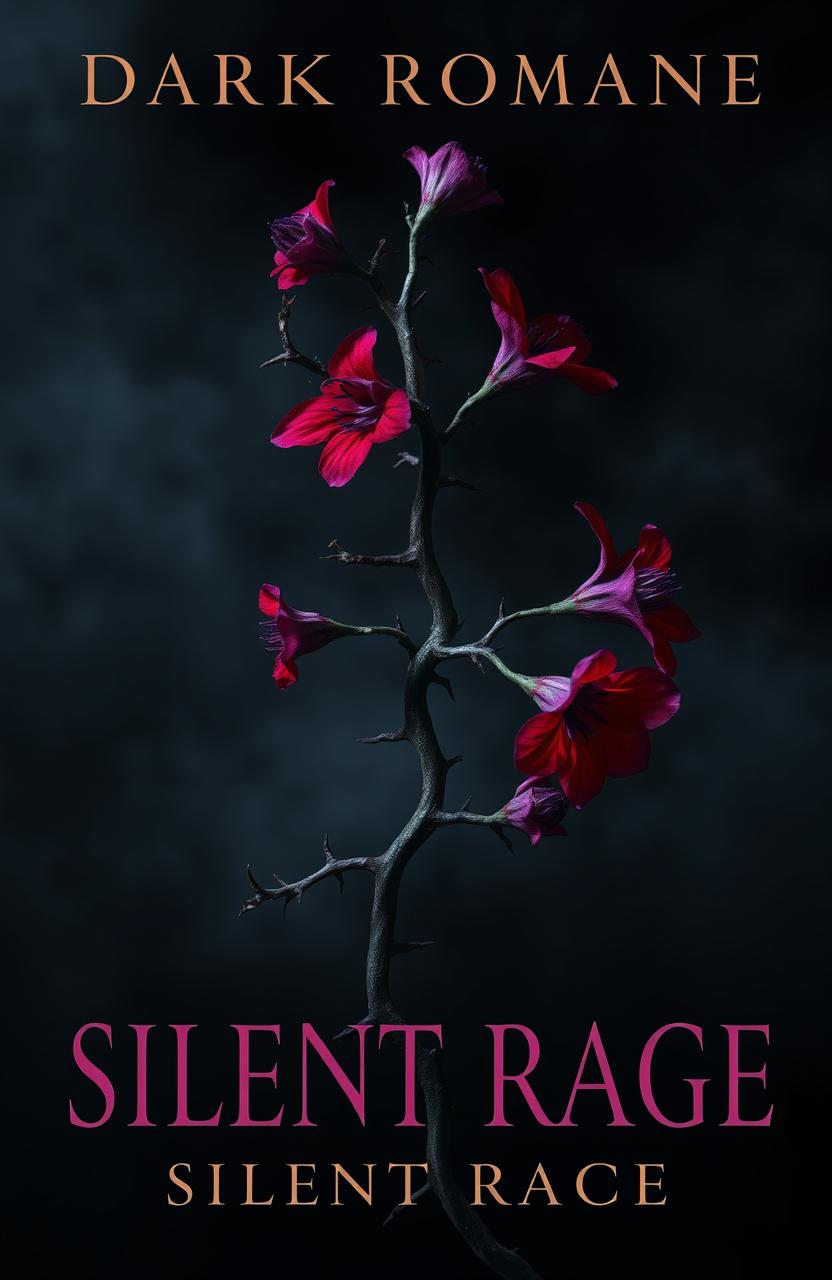 A dark romance book cover featuring a twisted plant with sharp thorns, adorned with fiery flowers in deep crimson and vibrant purple hues, symbolizing silent rage