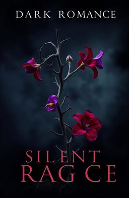 A dark romance book cover featuring a twisted plant with sharp thorns, adorned with fiery flowers in deep crimson and vibrant purple hues, symbolizing silent rage