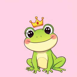 A cute frog illustration with a big smile, featuring tiny eyelashes and wearing a crown