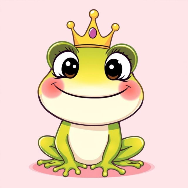 A cute frog illustration with a big smile, featuring tiny eyelashes and wearing a crown