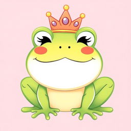 A cute frog illustration with a big smile, featuring tiny eyelashes and wearing a crown