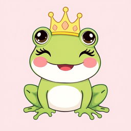 A cute frog illustration with a big smile, featuring tiny eyelashes and wearing a crown