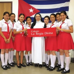 A group of uniformed teenage girls standing together for a photo, wearing red skirts, short-sleeved white shirts with red ties, black shoes, and long white socks