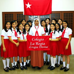 A group of uniformed teenage girls standing together for a photo, wearing red skirts, short-sleeved white shirts with red ties, black shoes, and long white socks