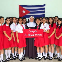 A group of uniformed teenage girls standing together for a photo, wearing red skirts, short-sleeved white shirts with red ties, black shoes, and long white socks