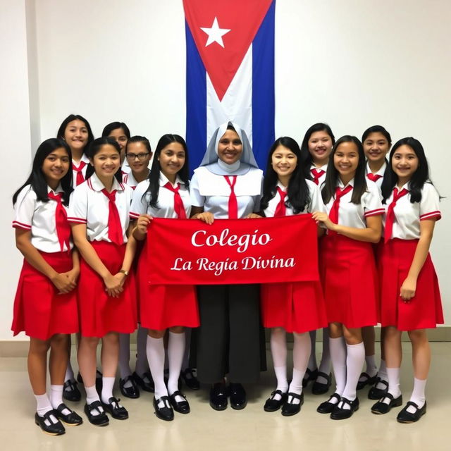 A group of uniformed teenage girls standing together for a photo, wearing red skirts, short-sleeved white shirts with red ties, black shoes, and long white socks