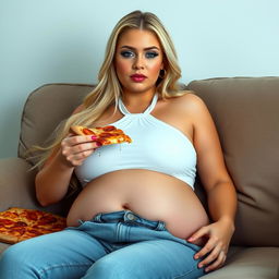 A beautiful and sexy 18-year-old girl with long, flowing blonde hair and a thin face, characterized by her large round soft breasts, soft round belly, and ultra wide soft fat round hips