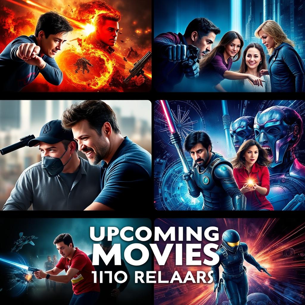Upcoming movies to be released, showcasing a variety of genres such as action, drama, comedy, and sci-fi