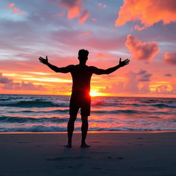 A breathtaking scene featuring a silhouette of a man standing on a beach, facing away from the viewer, with the vibrant colors of a sunset casting a warm glow over the ocean