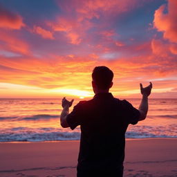 A breathtaking scene featuring a silhouette of a man standing on a beach, facing away from the viewer, with the vibrant colors of a sunset casting a warm glow over the ocean