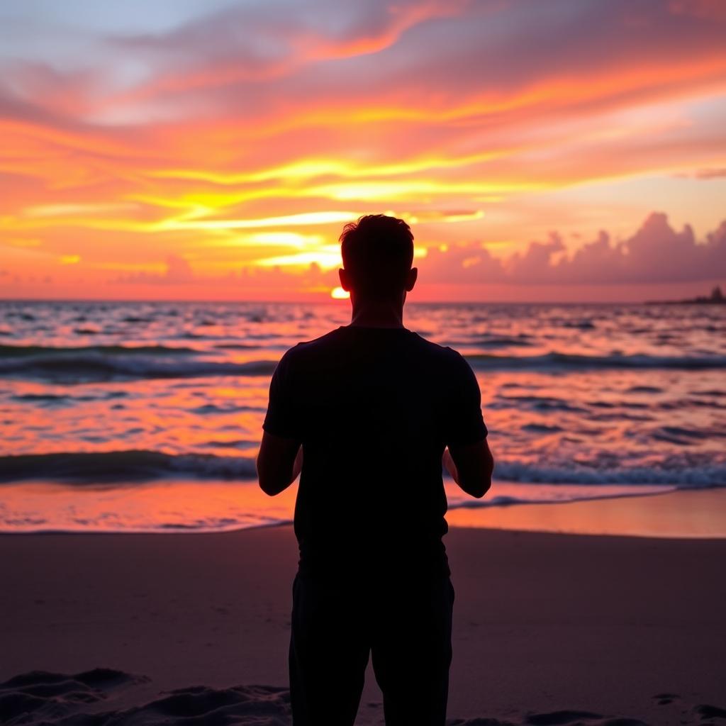 A breathtaking scene featuring a silhouette of a man standing on a beach, facing away from the viewer, with the vibrant colors of a sunset casting a warm glow over the ocean