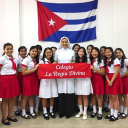 A group of uniformed teenage girls standing together for a photo, wearing red skirts, short-sleeved white shirts with red ties, black shoes, and long white socks