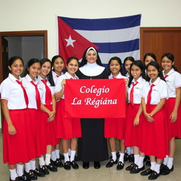 A group of uniformed teenage girls standing together for a photo, wearing red skirts, short-sleeved white shirts with red ties, black shoes, and long white socks