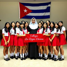 A group of uniformed teenage girls standing together for a photo, wearing red skirts, short-sleeved white shirts with red ties, black shoes, and long white socks