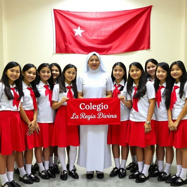 A group of uniformed teenage girls standing together for a photo, wearing red skirts, short-sleeved white shirts with red ties, black shoes, and long white socks