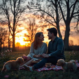 A romantic scene featuring a couple sitting on a blanket in a serene park during sunset