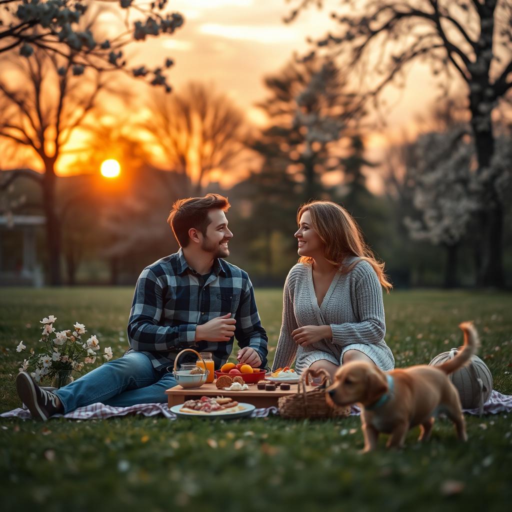 A romantic scene featuring a couple sitting on a blanket in a serene park during sunset