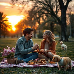 A romantic scene featuring a couple sitting on a blanket in a serene park during sunset