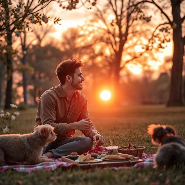 A romantic scene featuring a couple sitting on a blanket in a serene park during sunset