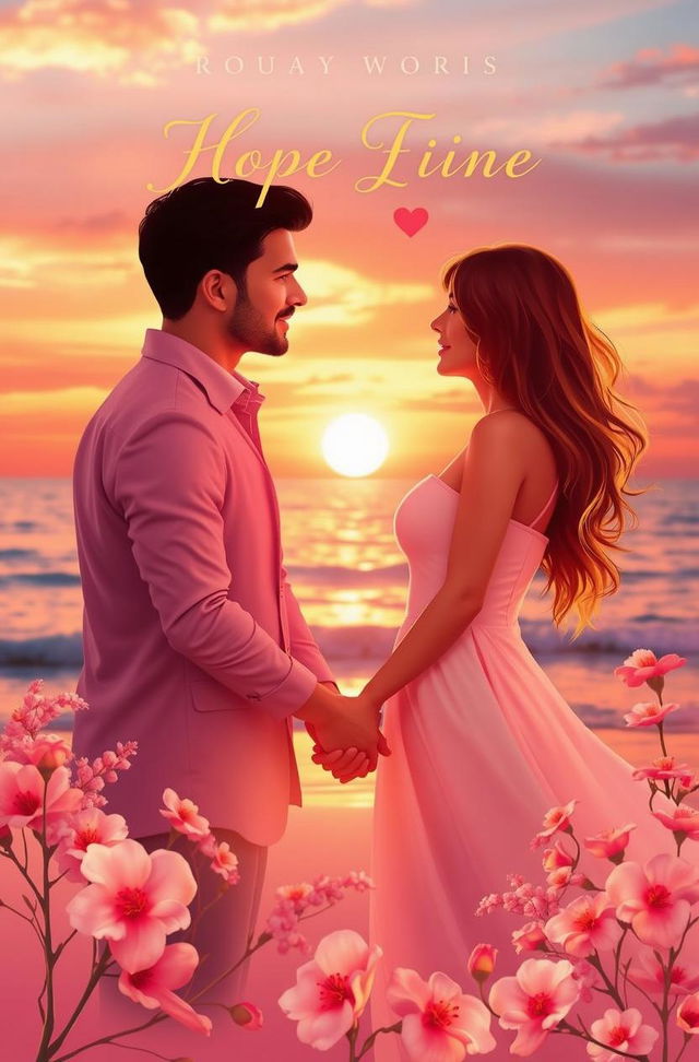 A romantic scene at sunset on a beautiful beach, with a couple standing hand in hand