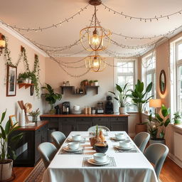 A beautifully redesigned dining room featuring a cozy coffee station with elegant garlands adorning the ceiling and walls