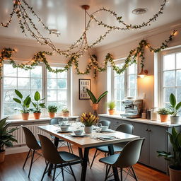 A beautifully redesigned dining room featuring a cozy coffee station with elegant garlands adorning the ceiling and walls