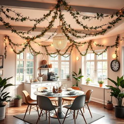 A beautifully redesigned dining room featuring a cozy coffee station with elegant garlands adorning the ceiling and walls