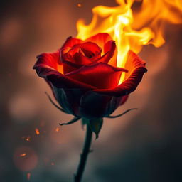 A stunning depiction of a rose engulfed in flames, showcasing vibrant colors of red and orange as the petals transform under the heat of the fire