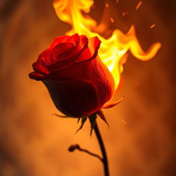A stunning depiction of a rose engulfed in flames, showcasing vibrant colors of red and orange as the petals transform under the heat of the fire