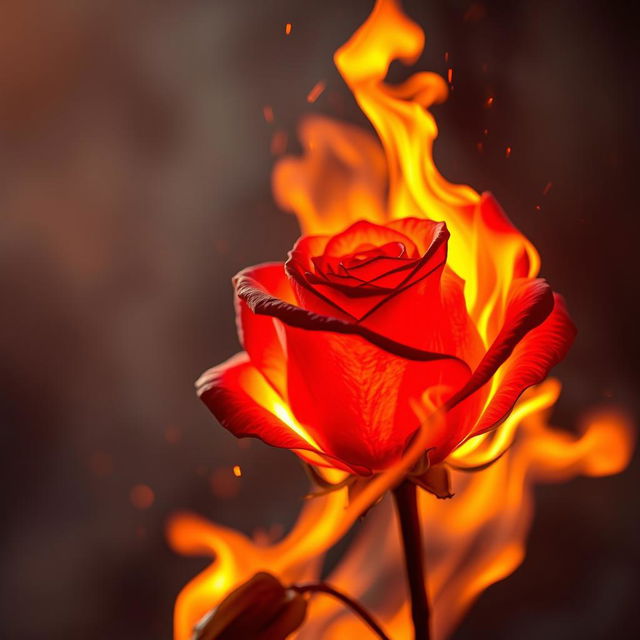 A stunning depiction of a rose engulfed in flames, showcasing vibrant colors of red and orange as the petals transform under the heat of the fire