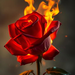 A stunning depiction of a rose engulfed in flames, showcasing vibrant colors of red and orange as the petals transform under the heat of the fire