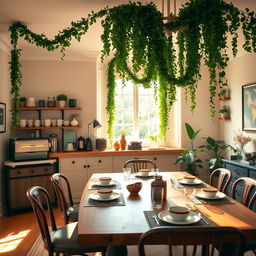 A beautifully redesigned dining room featuring a cozy coffee station adorned with elegant garlands
