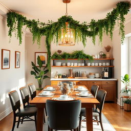 A beautifully redesigned dining room featuring a cozy coffee station adorned with elegant garlands