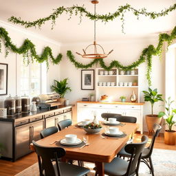 A beautifully redesigned dining room featuring a cozy coffee station adorned with elegant garlands