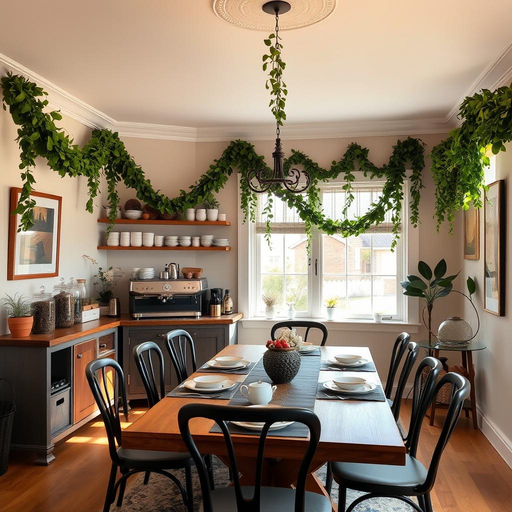 A beautifully redesigned dining room featuring a cozy coffee station adorned with elegant garlands