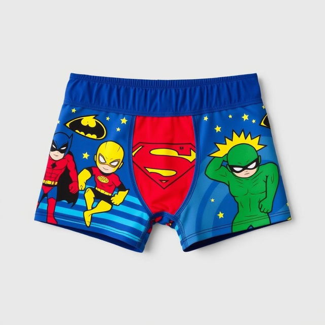 Stylish boxer shorts designed for boys, featuring colorful prints of superheroes and cartoon characters, made from soft, breathable fabric