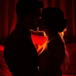 A close-up scene of a sensual couple embracing in a dimly lit room, their silhouettes softly illuminated, showcasing intimacy and connection