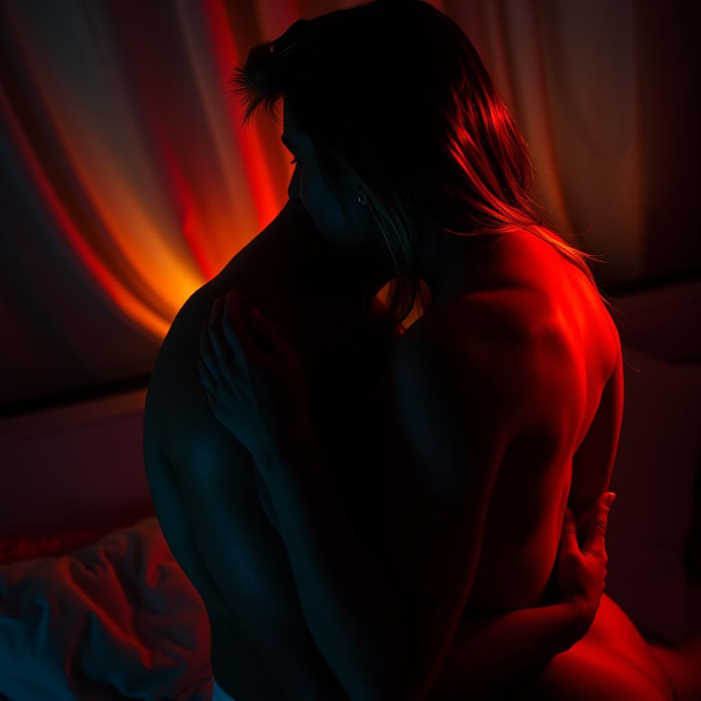 A close-up scene of a sensual couple embracing in a dimly lit room, their silhouettes softly illuminated, showcasing intimacy and connection