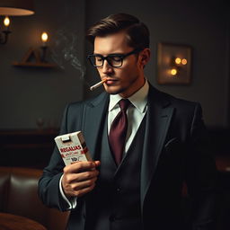 A sophisticated man dressed in a stylish suit, casually smoking a cigarette, while holding a cigarette box that boldly displays in bright red letters: 'Regalías el Cuño 10c'