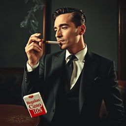 A sophisticated man dressed in a stylish suit, casually smoking a cigarette, while holding a cigarette box that boldly displays in bright red letters: 'Regalías el Cuño 10c'