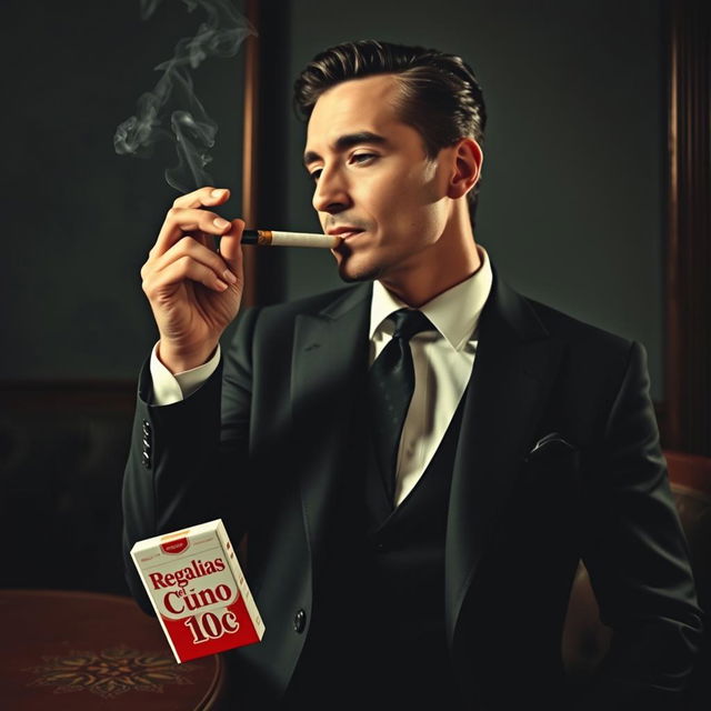 A sophisticated man dressed in a stylish suit, casually smoking a cigarette, while holding a cigarette box that boldly displays in bright red letters: 'Regalías el Cuño 10c'