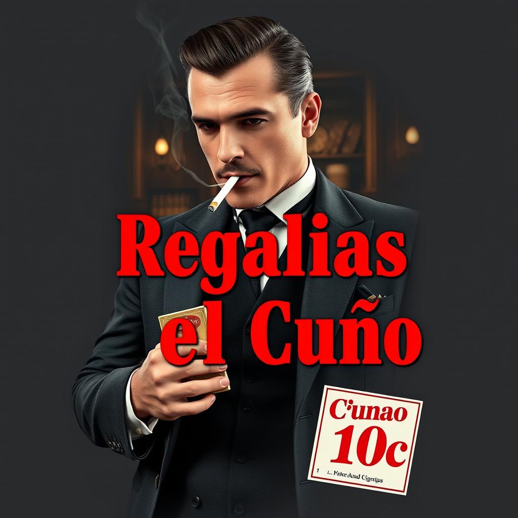 A sophisticated man dressed in a stylish suit, casually smoking a cigarette, while holding a cigarette box that boldly displays in bright red letters: 'Regalías el Cuño 10c'