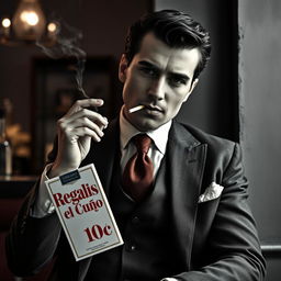 A sophisticated man dressed in a stylish suit, casually smoking a cigarette, while holding a cigarette box that boldly displays in bright red letters: 'Regalías el Cuño 10c'