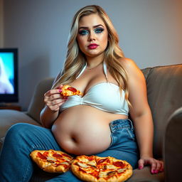 A beautiful, hot, curvy 18-year-old girl with long blond hair, featuring a thin face and large round soft breasts