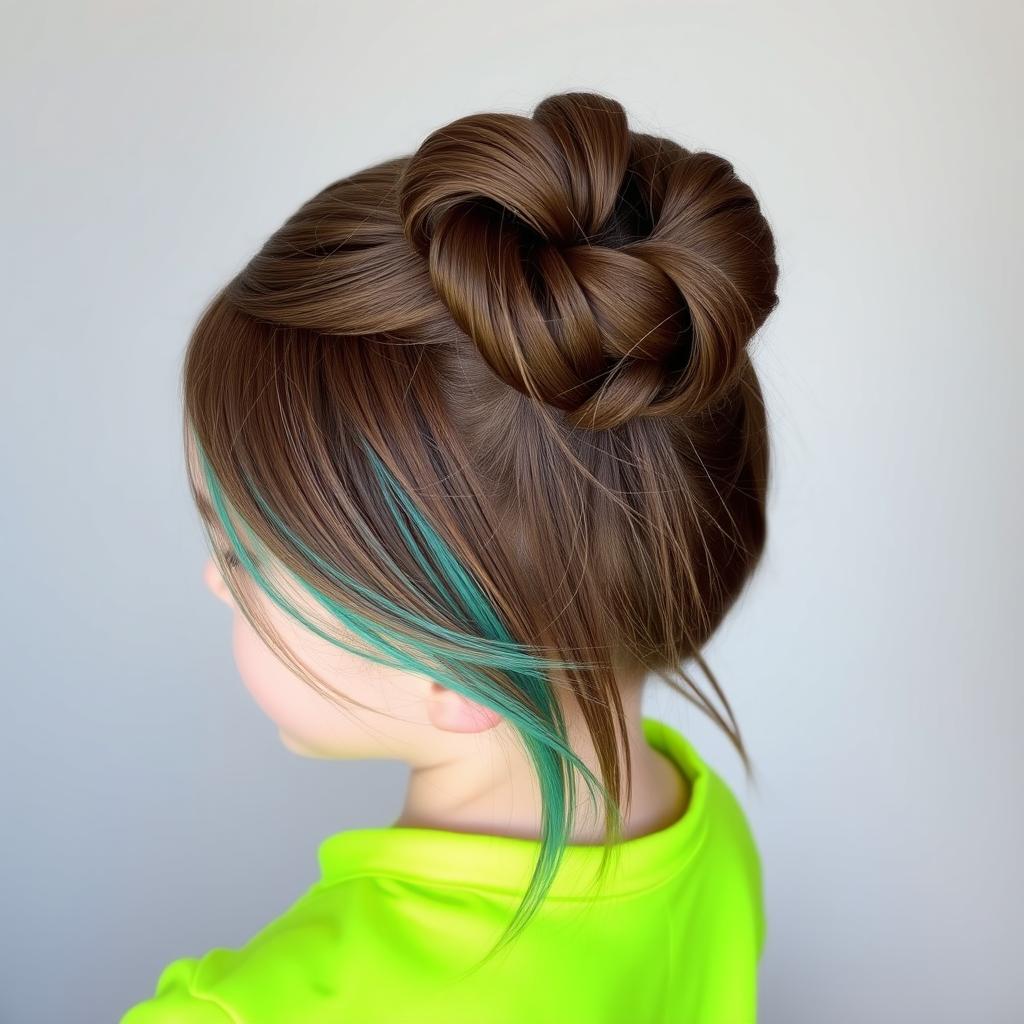 A girl with brown hair featuring a small streak of turquoise blue
