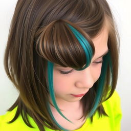 A girl with brown hair featuring a small streak of turquoise blue