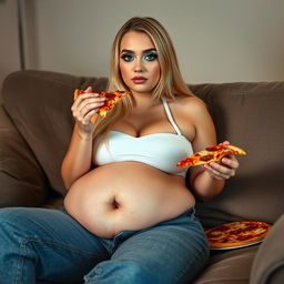 An 18-year-old girl with long blond hair, a thin face, and a beautiful, hot appearance