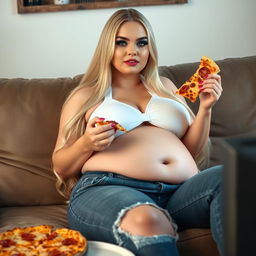 A beautiful, hot, 18-year-old girl with long blond hair, showcasing a thin face alongside large round soft breasts