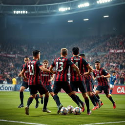 A dramatic and intense football showdown on the pitch featuring the iconic AC Milan team in their traditional red and black striped jerseys