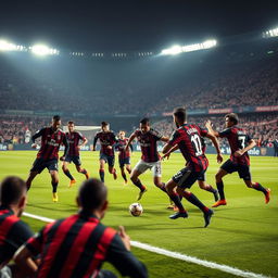 A dramatic and intense football showdown on the pitch featuring the iconic AC Milan team in their traditional red and black striped jerseys